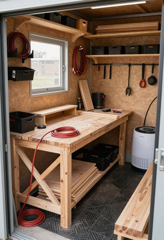 How Do You Set up Woodworking in a Storage Unit? 5 bench near power organized zones